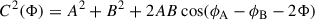 Mathematical equation: $$ \begin{aligned} C^2(\Phi ) = A^2 + B^2 +2AB\cos (\phi _{\rm A} - \phi _{\rm B} -2\Phi ) \end{aligned} $$