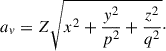 Mathematical equation: $$ \begin{aligned} a_v = Z \sqrt{x^2 + \frac{y^2}{p^2} + \frac{z^2}{q^2}}\cdot \end{aligned} $$
