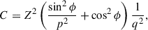 Mathematical equation: $$ \begin{aligned} C&= Z^2\left(\frac{\sin ^2 \phi }{p^2}+\cos ^2 \phi \right) \frac{1}{q^2}, \end{aligned} $$