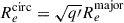 Mathematical equation: $ R_e^{\mathrm{circ}} = \sqrt{q{\prime}}R_{e}^{\mathrm{major}} $