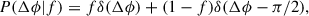 Mathematical equation: $$ \begin{aligned} P (\Delta \phi \vert f) = f\delta (\Delta \phi ) + (1-f)\delta (\Delta \phi - \pi /2), \end{aligned} $$