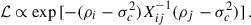 Mathematical equation: $$ \begin{aligned} \mathcal{L} \propto \exp {[-(\rho _i-\sigma _c^2)X_{ij}^{-1}(\rho _j-\sigma _c^2)]}\,. \end{aligned} $$