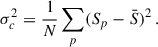 Mathematical equation: $$ \begin{aligned} \sigma _c^2 = \frac{1}{N}\sum _p (S_p-\bar{S})^2\,. \end{aligned} $$