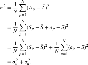 Mathematical equation: $$ \begin{aligned} \sigma ^2&= \frac{1}{N}\sum _{p = 1}^N(A_p-\bar{A})^2 \nonumber \\&= \frac{1}{N}\sum _{p = 1}^N(S_p-\bar{S} + a_p-\bar{a})^2 \nonumber \\&= \frac{1}{N}\sum _{p = 1}^N(S_p-\bar{S})^2 + \frac{1}{N}\sum _{p = 1}^N(a_p-\bar{a})^2 \nonumber \\&= \sigma _c^2 + \sigma _a^2.\end{aligned} $$