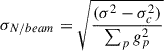 Mathematical equation: $$ \begin{aligned} \sigma _{N/beam} = \sqrt{\frac{(\sigma ^2-\sigma _c^2)}{\sum _p g_p^2}} \end{aligned} $$