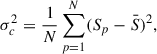 Mathematical equation: $$ \begin{aligned} \sigma _c^2 = \frac{1}{N}\sum _{p = 1}^N (S_p-\bar{S})^2, \end{aligned} $$