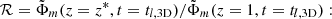 Mathematical equation: $ \mathcal{R} = \tilde{\Phi}_m(z=z^*,t=t_{l,\mathrm{3D}})/\tilde{\Phi}_m(z = 1,t=t_{l,\mathrm{3D}}): $