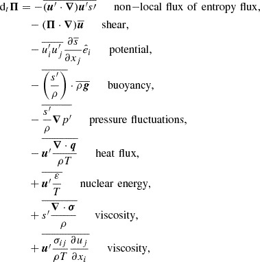 Mathematical equation: $$ \begin{aligned} \text{ d}_t\boldsymbol{\Pi }&=-\overline{(\boldsymbol{u}^{\prime }\cdot \boldsymbol{\nabla })\boldsymbol{u}^{\prime }s\prime }\qquad \mathrm{non{-}local \,\,flux\,\,of\,\,entropy\,\,flux,}\nonumber \\ \ &\quad -(\boldsymbol{\Pi }\cdot \boldsymbol{\nabla })\overline{\boldsymbol{u}}\qquad \mathrm{shear,}\nonumber \\ \ &\quad -\overline{u_{i}^{\prime }u_j^\prime }\frac{\partial \overline{s}}{\partial x_j}\hat{e}_i\qquad \mathrm{potential,}\nonumber \\ \ &\quad -\overline{\left(\frac{s^{\prime }}{\rho }\right)}\cdot \overline{\rho \boldsymbol{g}}\qquad \mathrm{buoyancy,}\nonumber \\ \ &\quad -\overline{\frac{s^{\prime }}{\rho }\boldsymbol{\nabla }p^{\prime }}\qquad \mathrm{pressure\,\,fluctuations,}\nonumber \\ \ &\quad -\overline{\boldsymbol{u}^{\prime }\frac{\boldsymbol{\nabla }\cdot \boldsymbol{q}}{\rho T}}\qquad \mathrm{heat\,\,flux,}\nonumber \\ \ &\quad +\overline{\boldsymbol{u}^{\prime }\frac{\varepsilon }{T}}\qquad \mathrm{nuclear\,\,energy,}\nonumber \\ \ &\quad +\overline{s^{\prime }\frac{\boldsymbol{\nabla }\cdot \boldsymbol{\sigma }}{\rho }}\qquad \mathrm{viscosity,}\nonumber \\ \ &\quad +\overline{\boldsymbol{u}^{\prime }\frac{\sigma _{ij}}{\rho T}\frac{\partial u_j}{\partial x_i}}\qquad \mathrm{viscosity,} \end{aligned} $$