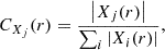 Mathematical equation: $$ \begin{aligned} C_{X_j}(r) = \frac{\left| X_j(r) \right|}{\sum _i \left| X_i(r) \right| }, \end{aligned} $$