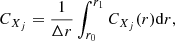 Mathematical equation: $$ \begin{aligned} C_{X_j} = \frac{1}{\Delta r}\int _{r_0}^{r_1}C_{X_j}(r) \mathrm{d} r, \end{aligned} $$