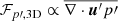 Mathematical equation: $$ \begin{aligned} \mathcal{F} _{p\prime ,\mathrm{3D}} \propto \overline{\nabla \cdot \boldsymbol{u}^{\prime }p\prime } \end{aligned} $$