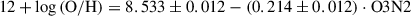 Mathematical equation: $$ \begin{aligned} 12 + \log \mathrm{(O/H)} = 8.533\pm 0.012 -(0.214\pm 0.012) \cdot \mathrm{O3N2} \end{aligned} $$