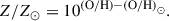 Mathematical equation: $$ \begin{aligned} Z/Z_{\odot } = 10^{\mathrm{(O/H)} - \mathrm {(O/H)}_{\odot } }. \end{aligned} $$