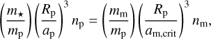 Mathematical equation: $\left( {{{{m_ \star }} \over {{m_{\rm{p}}}}}} \right){\left( {{{{R_{\rm{p}}}} \over {{a_{\rm{p}}}}}} \right)^3}{n_{\rm{p}}} = \left( {{{{m_{\rm{m}}}} \over {{m_{\rm{p}}}}}} \right){\left( {{{{R_{\rm{p}}}} \over {{a_{{\rm{m}},{\rm{crit}}}}}}} \right)^3}{n_{\rm{m}}},$