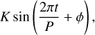 Mathematical equation: $\[K \sin \left(\frac{2 \pi t}{P}+\phi\right),\]$