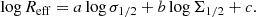 Mathematical equation: $$ \begin{aligned} \log R_{\rm eff} = a \log \sigma _{1/2} + b \log \Sigma _{1/2} + c. \end{aligned} $$