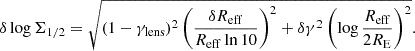 Mathematical equation: $$ \begin{aligned} \delta \log \Sigma _{1/2} = \sqrt{(1-\gamma _{\rm lens})^2\left(\frac{\delta R_{\rm eff}}{R_{\rm eff} \ln 10}\right)^2+\delta \gamma ^2 \left(\log \frac{R_{\rm eff}}{2 R_{\rm E}}\right)^2} . \end{aligned} $$