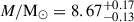 Mathematical equation: $ M/\mathrm{M}_\odot = 8.67^{+0.17}_{-0.13} $