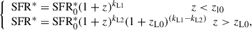 Mathematical equation: $$ \begin{aligned} {\left\{ \begin{array}{ll} \mathrm{SFR}^* = \mathrm{SFR}^*_{0} (1+z)^{k_{\rm L1}} \ \ \ \ \ \ \ \ \ \ \ \ \ \ \ \ \ \ \ \ \ \ \ z < z_{\rm l0}\\ \mathrm{SFR}^* = \mathrm{SFR}^*_{0} (1+z)^{k_{\rm L2}} (1+z_{\rm L0})^{(k_{\rm L1}-k_{\rm L2})}\ \ z > z_{\rm L0}, \end{array}\right.} \end{aligned} $$