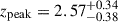 Mathematical equation: $ z_{\mathrm{peak}} = 2.57_{-0.38}^{+0.34} $