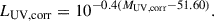 Mathematical equation: $$ \begin{aligned} L_{\rm UV, corr} = 10^{-0.4 (M_{\rm UV, corr}-51.60)}. \end{aligned} $$