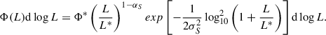 Mathematical equation: $$ \begin{aligned} \Phi (L)\mathrm{d}\log L = \Phi ^*\left(\frac{L}{L^*}\right)^{1-\alpha _S} exp\left[-\frac{1}{2\sigma _S^2}\log _{10}^2 \left(1+\frac{L}{L^*}\right)\right]\mathrm{d}\log L. \end{aligned} $$