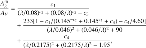 Mathematical equation: $\matrix{ {{{A_\lambda ^{{\rm{fit}}}} \over {{A_V}}}} \hfill & = \hfill & {{{{c_1}} \over {{{(\lambda /0.08)}^{{c_2}}} + {{(0.08/\lambda )}^{{c_2}}} + {c_3}}}} \hfill \cr {} \hfill & {} \hfill & { + {{233[1 - {c_1}/({{0.145}^{ - {c_2}}} + {{0.145}^{ - {c_2}}} + {c_3}) - {c_4}/4.60]} \over {{{(\lambda /0.046)}^2} + {{(0.046/\lambda )}^2} + 90}}} \hfill \cr {} \hfill & {} \hfill & { + {{{c_4}} \over {{{(\lambda /0.2175)}^2} + {{(0.2175/\lambda )}^2} - 1.95}},} \hfill \cr } $