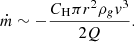 Mathematical equation: $$ \begin{aligned} \dot{m} \sim - \frac{C_{\rm H} \pi r^2 \rho _g v^3 }{ 2Q}. \end{aligned} $$