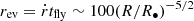 Mathematical equation: $ r_{\mathrm{ev}} = \dot r t_{\mathrm{fly}} \sim 100 (R/R_\bullet)^{-5/2}\ $