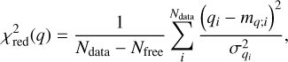 Mathematical equation: $\[\chi_{\mathrm{red}}^2(q)=\frac{1}{N_{\mathrm{data}}-N_{\mathrm{free}}} \sum_i^{N_{\mathrm{data}}} \frac{\left(q_i-m_{q; i}\right)^2}{\sigma_{q_i}^2},\]$