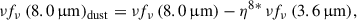Mathematical equation: $$ \begin{aligned} \nu f_{\nu }\,(8.0\,\upmu \mathrm{m})_{\rm dust} = \nu f_{\nu }\,(8.0\,\upmu \mathrm{m}) - \eta ^{8*}\,\nu f_{\nu }\,(3.6\,\upmu \mathrm{m}), \end{aligned} $$