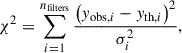 Mathematical equation: $$ \begin{aligned} \chi ^{2} = \sum ^{n_{\rm filters}}_{i = 1} \frac{\left(y_{\mathrm{obs},i}- y_{\mathrm{th},i}\right)^2}{\sigma _{i}^2}, \end{aligned} $$