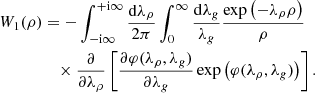 Mathematical equation: $$ \begin{aligned} W_1(\rho )&=- \int _{-\mathrm{i}\infty }^{+\mathrm{i}\infty } \frac{\mathrm{d}\lambda _\rho }{2\pi } \int _0^\infty \frac{\mathrm{d}\lambda _g}{\lambda _g} \frac{\exp \left(-\lambda _\rho \rho \right)}{\rho }\nonumber \\&\quad \times \frac{\partial }{\partial \lambda _\rho }\left[ \frac{\partial \varphi (\lambda _\rho ,\lambda _g)}{\partial \lambda _g} \exp \left( \varphi (\lambda _\rho ,\lambda _g) \right) \right]. \end{aligned} $$