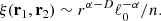 Mathematical equation: $$ \begin{aligned} \xi (\mathbf{r }_{1},\mathbf{r }_{2}) \sim r^{\alpha -D}\ell _0^{-\alpha }/n. \end{aligned} $$
