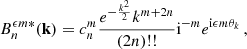 Mathematical equation: $$ \begin{aligned} B_n^{{\epsilon } m*}(\mathbf{k })&=c_n^{m}\frac{e^{-\frac{k^2}{2}} k^{m+2 n}}{(2 n)\text{!!}}\mathrm{i}^{-m} e^{\mathrm{i} {\epsilon } m \theta _k}\,, \end{aligned} $$