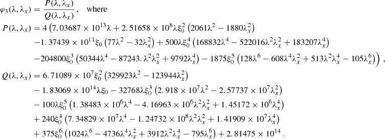Mathematical equation: $$ \begin{aligned} \varphi _3(\lambda ,\lambda _x)&=\frac{P(\lambda ,\lambda _x)}{Q(\lambda ,\lambda _x)}\,, \quad \mathrm{where} \\ P(\lambda ,\lambda _x)&= 4 \left(7.03687\times 10^{13} \lambda +2.51658\times 10^8 \lambda \xi _0^2 \left(2061 \lambda ^2-1880 \lambda _x^2\right)\right.\nonumber \\&\left. -1.37439\times 10^{11} \xi _0 \left(77 \lambda ^2-32 \lambda _x^2\right)+500 \lambda \xi _0^4 \left(168832 \lambda ^4-522016 \lambda ^2 \lambda _x^2+183207 \lambda _x^4\right)\right.\nonumber \\&\left.-204800 \xi _0^3 \left(50344 \lambda ^4-87243. \lambda ^2 \lambda _x^2+9792 \lambda _x^4\right)-1875 \xi _0^5 \left(128 \lambda ^6-608 \lambda ^4 \lambda _x^2+513 \lambda ^2 \lambda _x^4-105 \lambda _x^6\right)\right)\,,\nonumber \\ Q(\lambda ,\lambda _x)&= 6.71089\times 10^7 \xi _0^2 \left(329923 \lambda ^2-123944 \lambda _x^2\right)\nonumber \\&-1.83069\times 10^{14} \lambda \xi _0-32768 \lambda \xi _0^3 \left(2.918\times 10^7 \lambda ^2-2.57737\times 10^7 \lambda _x^2\right)\nonumber \\&-100 \lambda \xi _0^5 \left(1.38483\times 10^6 \lambda ^4-4.16963\times 10^6 \lambda ^2 \lambda _x^2+1.45172\times 10^6 \lambda _x^4\right)\nonumber \\&+240 \xi _0^4 \left(7.34829\times 10^7 \lambda ^4-1.24732\times 10^8 \lambda ^2 \lambda _x^2+1.41909\times 10^7 \lambda _x^4\right)\nonumber \\&+375 \xi _0^6 \left(1024 \lambda ^6-4736 \lambda ^4 \lambda _x^2+3912 \lambda ^2 \lambda _x^4-795 \lambda _x^6\right)+2.81475\times 10^{14}\nonumber \,. \end{aligned} $$