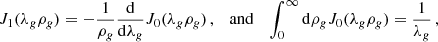 Mathematical equation: $$ \begin{aligned} J_1(\lambda _g\rho _g) = -\frac{1}{\rho _g}\frac{\mathrm{d}}{\mathrm{d}\lambda _g} J_0(\lambda _g\rho _g)\,, \quad \mathrm{and} \quad \int _0^\infty \mathrm{d}\rho _g J_0(\lambda _g\rho _g) = \frac{1}{\lambda _g}\,, \end{aligned} $$