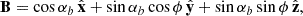 Mathematical equation: $$ \begin{aligned} \mathbf B = \cos \alpha _b \, \hat{\mathbf{x }} + \sin \alpha _b \cos \phi \, \hat{\mathbf{y }} + \sin \alpha _b \sin \phi \, \hat{\mathbf{z }}, \end{aligned} $$