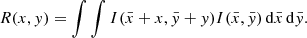 Mathematical equation: $$ \begin{aligned} R(x, y)&= \int \int I(\bar{x} + x, \bar{y} + y) I(\bar{x}, \bar{y}) \, \mathrm{d} \bar{x} \, \mathrm{d} \bar{y} . \end{aligned} $$
