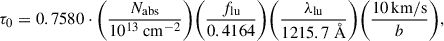 Mathematical equation: $$ \begin{aligned} \tau _{0} = 0.7580 \cdot \Bigg (\frac{N_{\rm {abs}}}{10^{13} \ \mathrm {cm}^{-2}}\Bigg )\Bigg (\frac{f_{\rm {lu}}}{0.4164}\Bigg )\Bigg (\frac{\lambda _{\rm {lu}}}{1215.7 \ \AA }\Bigg )\Bigg (\frac{10 \, \mathrm {km/s}}{b}\Bigg ), \end{aligned} $$