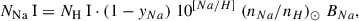 Mathematical equation: $$ \begin{aligned} {N_\text{Na} \text{ I}} = {N_\text{H} \text{ I}} \cdot (1-y_{Na}) \; 10^{[Na/H]} \;(n_{Na}/n_{H})_{\odot } \; B_{Na} , \end{aligned} $$