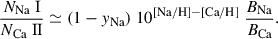 Mathematical equation: $$ \begin{aligned} \frac{{N_\text{Na} \text{ I}}}{{N_\text{Ca} \text{ II}}} \simeq (1-y_{\rm {Na}}) \; 10^{[\mathrm {Na/H}]-[\mathrm {Ca/H}]} \; \frac{B_{\rm {Na}}}{B_{\rm {Ca}}} . \end{aligned} $$