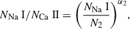 Mathematical equation: $$ \begin{aligned} {N_\text{Na} \text{ I}}/{N_\text{Ca} \text{ II}} = \Bigg (\frac{{N_\text{Na} \text{ I}}}{N_{2}}\Bigg )^{\alpha _{2}}, \end{aligned} $$