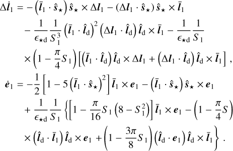 Mathematical equation: $\[\begin{aligned}\Delta \dot{\boldsymbol{l}}_1= & -\left(\bar{\boldsymbol{l}}_1 \cdot \hat{\boldsymbol{s}}_{\star}\right) \hat{\boldsymbol{s}}_{\star} \times \Delta\boldsymbol{l}_1-\left(\Delta\boldsymbol{l}_1 \cdot \hat{\boldsymbol{s}}_{\star}\right) \hat{\boldsymbol{s}}_{\star} \times \bar{\boldsymbol{l}}_1 \\& -\frac{1}{\epsilon_{\star \mathrm{d}}} \frac{1}{S_1^3}\left(\bar{\boldsymbol{l}}_1 \cdot \hat{\boldsymbol{l}}_{\mathrm{d}}\right)^2\left(\Delta\boldsymbol{l}_1 \cdot \hat{\boldsymbol{l}}_{\mathrm{d}}\right) \hat{\boldsymbol{l}}_{\mathrm{d}} \times \bar{\boldsymbol{l}}_1-\frac{1}{\epsilon_{\star \mathrm{d}}} \frac{1}{S_1} \\& \times\left(1-\frac{\pi}{4} S_1\right)\left[\left(\bar{\boldsymbol{l}}_1 \cdot \hat{\boldsymbol{l}}_{\mathrm{d}}\right) \hat{\boldsymbol{l}}_{\mathrm{d}} \times \Delta\boldsymbol{l}_1+\left(\Delta\boldsymbol{l}_1 \cdot \hat{\boldsymbol{l}}_{\mathrm{d}}\right) \hat{\boldsymbol{l}}_{\mathrm{d}} \times \bar{\boldsymbol{l}}_1\right], \\\dot{\boldsymbol{e}}_1= & -\frac{1}{2}\left[1-5\left(\bar{\boldsymbol{l}}_1 \cdot \hat{\boldsymbol{s}}_{\star}\right)^2\right] \bar{\boldsymbol{l}}_1 \times \boldsymbol{e}_1-\left(\bar{\boldsymbol{l}}_1 \cdot \hat{\boldsymbol{s}}_{\star}\right) \hat{\boldsymbol{s}}_{\star} \times \boldsymbol{e}_1 \\& +\frac{1}{\epsilon_{\star \mathrm{d}}} \frac{1}{S_1}\left\{\left[1-\frac{\pi}{16} S_1\left(8-S_1^2\right)\right] \bar{\boldsymbol{l}}_1 \times \boldsymbol{e}_1-\left(1-\frac{\pi}{4} S\right)\right. \\& \left.\times\left(\hat{\boldsymbol{l}}_{\mathrm{d}} \cdot \bar{\boldsymbol{l}}_1\right) \hat{\boldsymbol{l}}_{\mathrm{d}} \times \boldsymbol{e}_1+\left(1-\frac{3 \pi}{8} S_1\right)\left(\hat{\boldsymbol{l}}_{\mathrm{d}} \cdot \boldsymbol{e}_1\right) \hat{\boldsymbol{l}}_{\mathrm{d}} \times \bar{\boldsymbol{l}}_1\right\}.\end{aligned}\]$