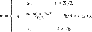 Mathematical equation: $$ \begin{aligned} \alpha = \left\{ \begin{array}{lr} \qquad \quad \alpha _{\rm i}, \qquad \qquad \qquad t\le T_0/3,&\\&\\ \alpha _{\rm i}+\frac{(\alpha _{\rm t}-\alpha _{\rm i})\cdot (t-T_0/3)}{2T_{0}/3}, \qquad T_0/3< t \le T_0,&\\&\\ \qquad \quad \alpha _{\rm t}, \qquad \quad \quad \qquad \;\ t> T_0.&\end{array} \right. \end{aligned} $$