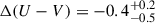 Mathematical equation: $ \Delta(U-V)=-0.4^{+0.2}_{-0.5} $