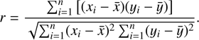 Mathematical equation: $\[r=\frac{\sum_{i=1}^n\left[\left(x_i-\bar{x}\right)\left(y_i-\bar{y}\right)\right]}{\sqrt{\sum_{i=1}^n\left(x_i-\bar{x}\right)^2 \sum_{i=1}^n\left(y_i-\bar{y}\right)^2}}.\]$
