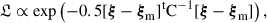 Mathematical equation: $$ \begin{aligned} \mathfrak{L} \propto \mathrm{exp} \left( -0.5[\boldsymbol{\xi }-\boldsymbol{\xi }_\mathrm{m} ]^\mathrm{t}\mathrm{C} ^{-1}[\boldsymbol{\xi }-\boldsymbol{\xi }_\mathrm{m} ]\right), \end{aligned} $$
