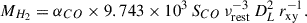 Mathematical equation: $$ \begin{aligned} M_{H_2} = \alpha _{CO} \times 9.743\times 10^{3}\, S_{CO}\, \nu _{\rm rest}^{-3}\, D_L^2 \, r_{\rm xy}^{-1}. \end{aligned} $$