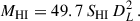 Mathematical equation: $$ \begin{aligned} M_{\rm {HI}} = 49.7\, S_{\rm {HI}}\, D_L^2 \,. \end{aligned} $$